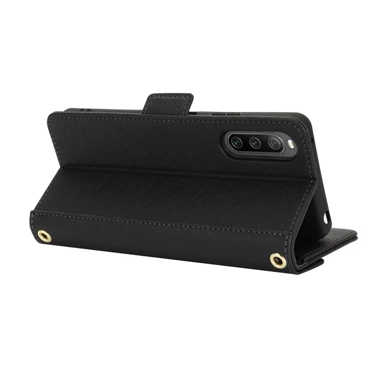 For Sony Xperia 10 IV 5G Stand Case Cross Texture PU Leather Wallet Phone Cover with Shoulder Strap  /  Makeup Mirror - Black