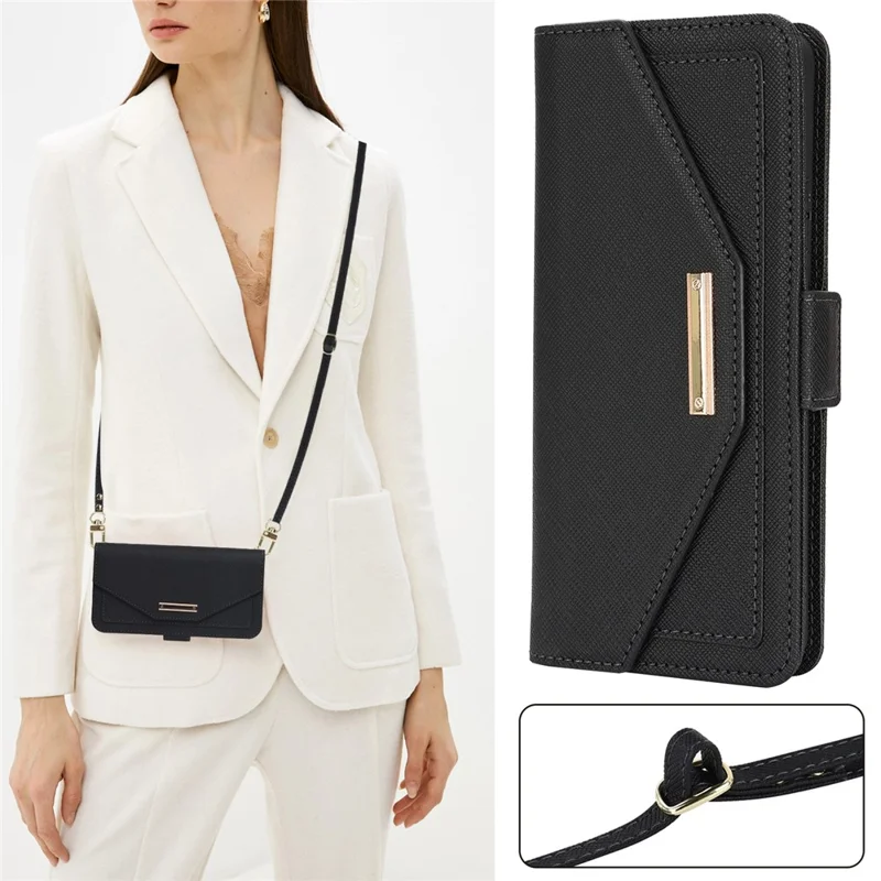 For Sony Xperia 10 IV 5G Stand Case Cross Texture PU Leather Wallet Phone Cover with Shoulder Strap  /  Makeup Mirror - Black