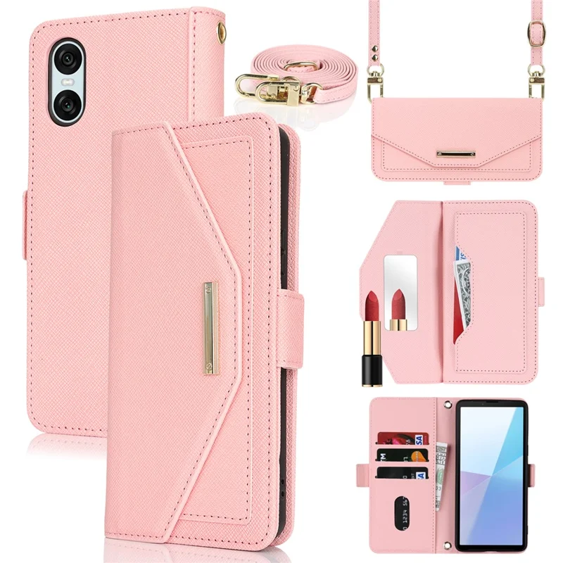 For Sony Xperia 10 VI Stand Case Cross Texture PU Leather Wallet Phone Cover with Shoulder Strap  /  Makeup Mirror - Pink