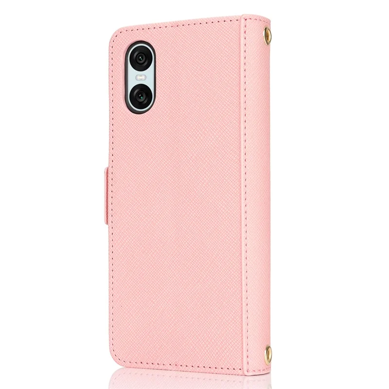 For Sony Xperia 10 VI Stand Case Cross Texture PU Leather Wallet Phone Cover with Shoulder Strap  /  Makeup Mirror - Pink