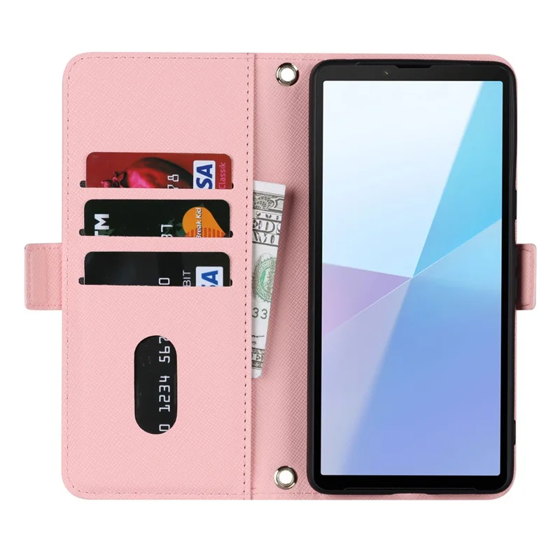 For Sony Xperia 10 VI Stand Case Cross Texture PU Leather Wallet Phone Cover with Shoulder Strap  /  Makeup Mirror - Pink