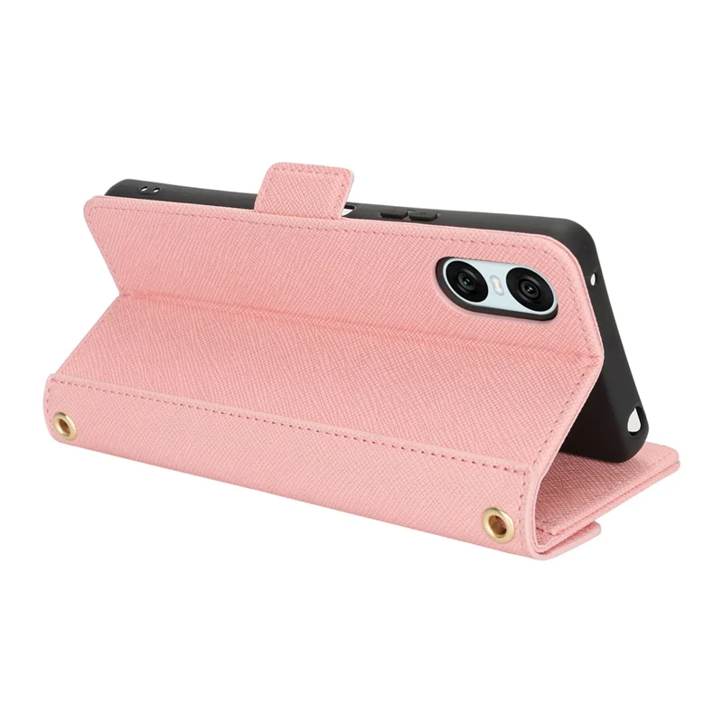 For Sony Xperia 10 VI Stand Case Cross Texture PU Leather Wallet Phone Cover with Shoulder Strap  /  Makeup Mirror - Pink