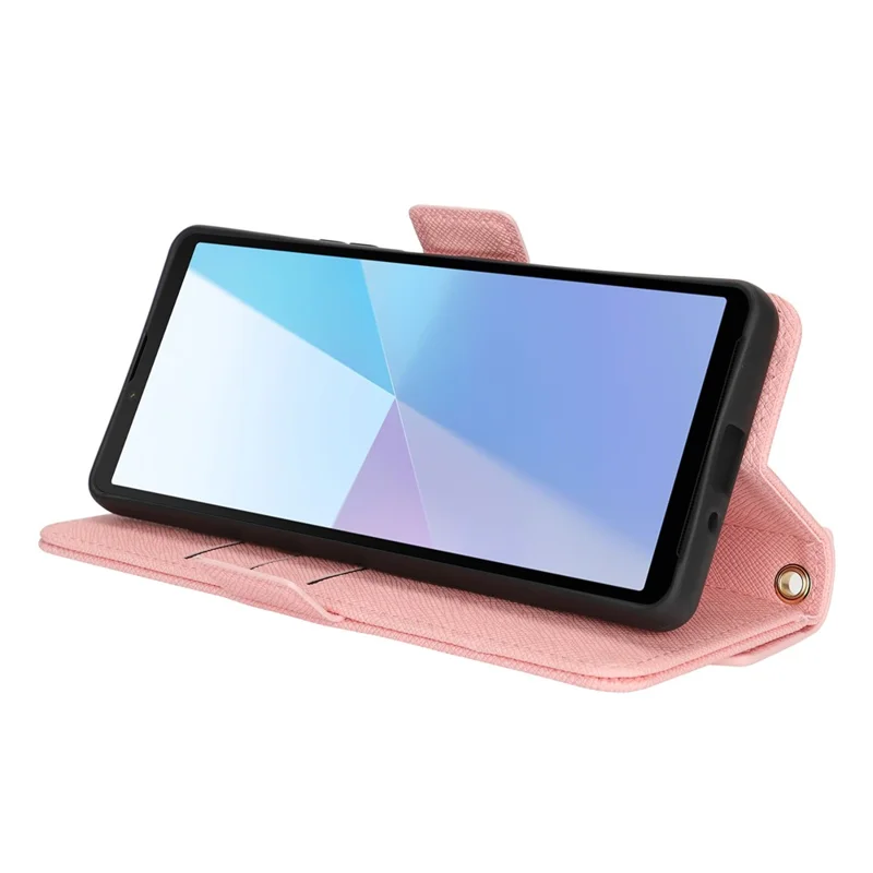 For Sony Xperia 10 VI Stand Case Cross Texture PU Leather Wallet Phone Cover with Shoulder Strap  /  Makeup Mirror - Pink