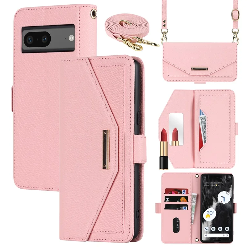 For Google Pixel 7 5G Stand Case Cross Texture PU Leather Wallet Phone Cover with Shoulder Strap  /  Makeup Mirror - Pink