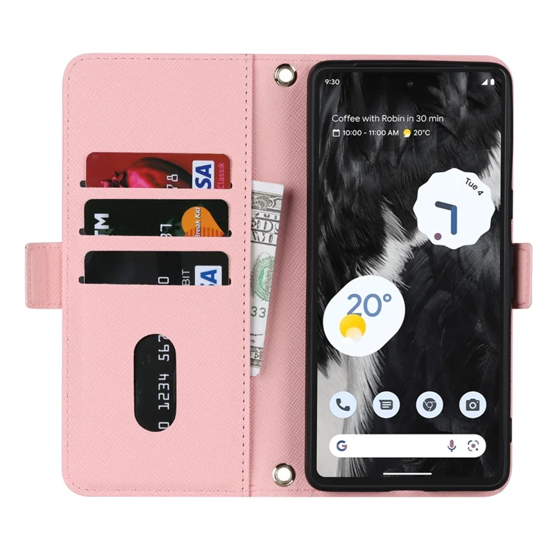 For Google Pixel 7 5G Stand Case Cross Texture PU Leather Wallet Phone Cover with Shoulder Strap  /  Makeup Mirror - Pink