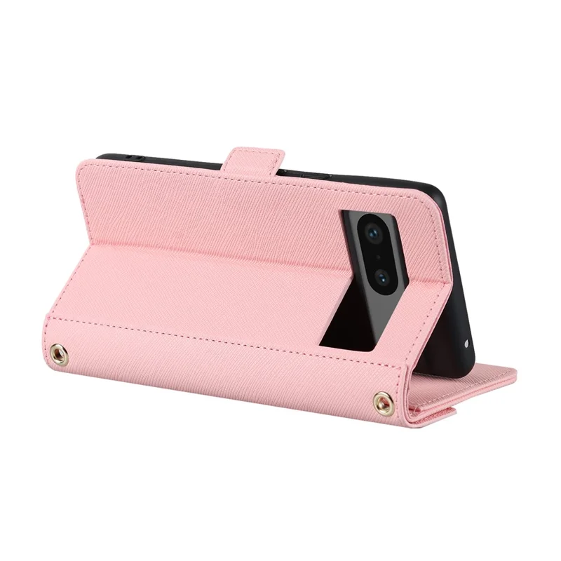For Google Pixel 7 5G Stand Case Cross Texture PU Leather Wallet Phone Cover with Shoulder Strap  /  Makeup Mirror - Pink