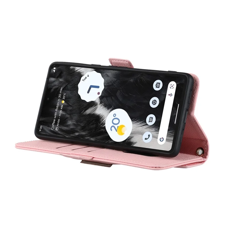 For Google Pixel 7 5G Stand Case Cross Texture PU Leather Wallet Phone Cover with Shoulder Strap  /  Makeup Mirror - Pink