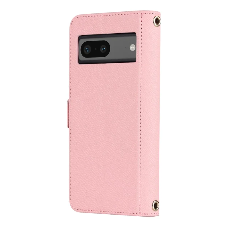 For Google Pixel 7 5G Stand Case Cross Texture PU Leather Wallet Phone Cover with Shoulder Strap  /  Makeup Mirror - Pink