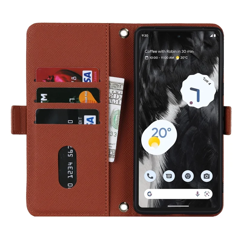 For Google Pixel 7 5G Stand Case Cross Texture PU Leather Wallet Phone Cover with Shoulder Strap  /  Makeup Mirror - Brown