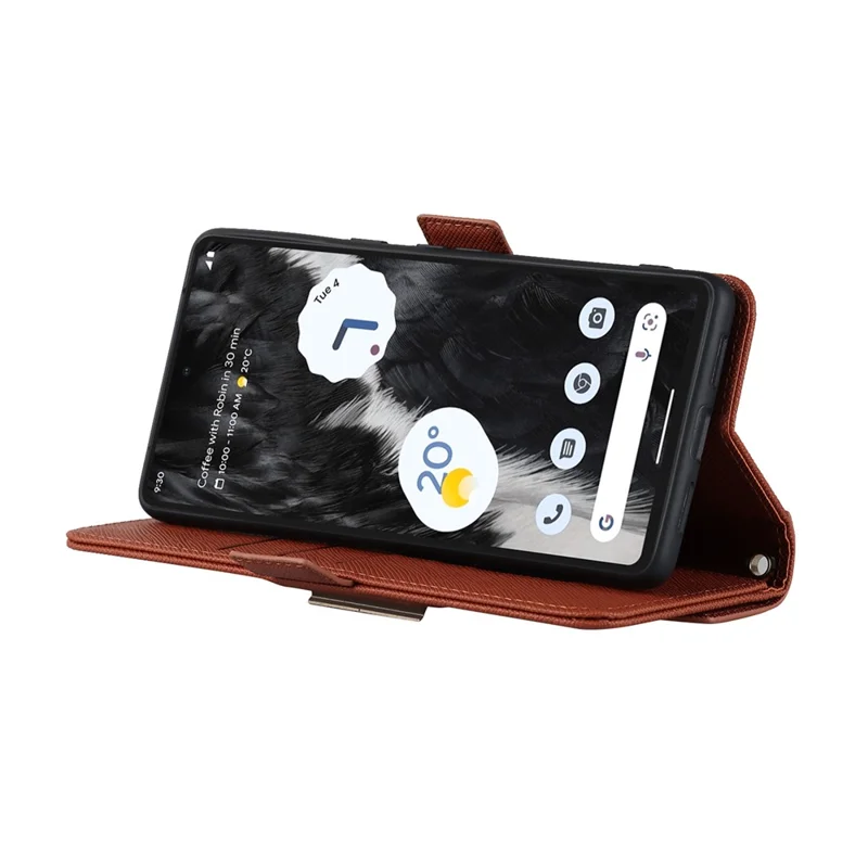 For Google Pixel 7 5G Stand Case Cross Texture PU Leather Wallet Phone Cover with Shoulder Strap  /  Makeup Mirror - Brown