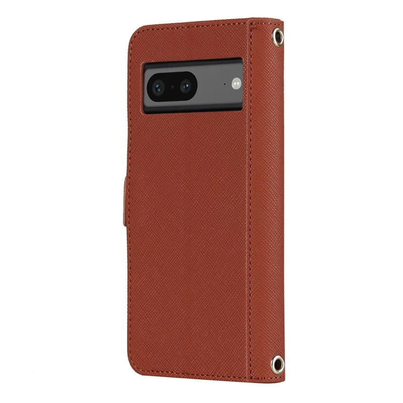 For Google Pixel 7 5G Stand Case Cross Texture PU Leather Wallet Phone Cover with Shoulder Strap  /  Makeup Mirror - Brown