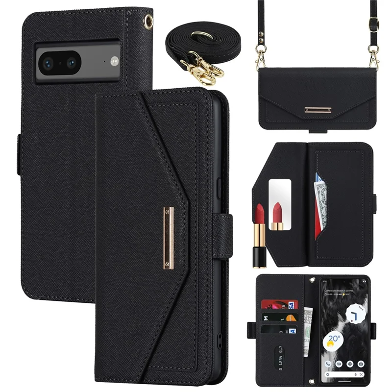 Custodia per Google Pixel 7 5G con Supporto e Texture Incrociata in Pelle PU, Cover per Telefono con Portafoglio e Tracolla / Specchio per Trucco - Nero