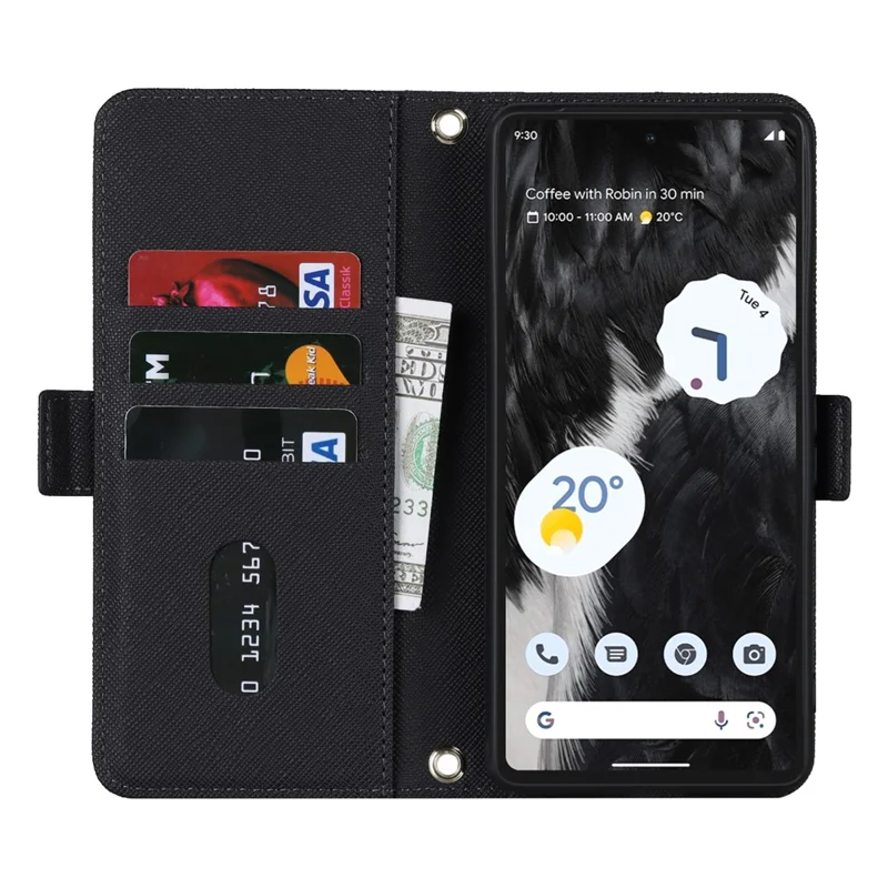 Custodia per Google Pixel 7 5G con Supporto e Texture Incrociata in Pelle PU, Cover per Telefono con Portafoglio e Tracolla / Specchio per Trucco - Nero