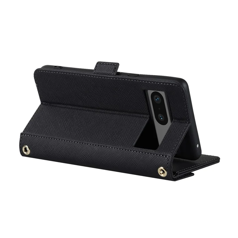 Custodia per Google Pixel 7 5G con Supporto e Texture Incrociata in Pelle PU, Cover per Telefono con Portafoglio e Tracolla / Specchio per Trucco - Nero