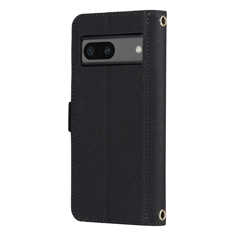Custodia per Google Pixel 7 5G con Supporto e Texture Incrociata in Pelle PU, Cover per Telefono con Portafoglio e Tracolla / Specchio per Trucco - Nero