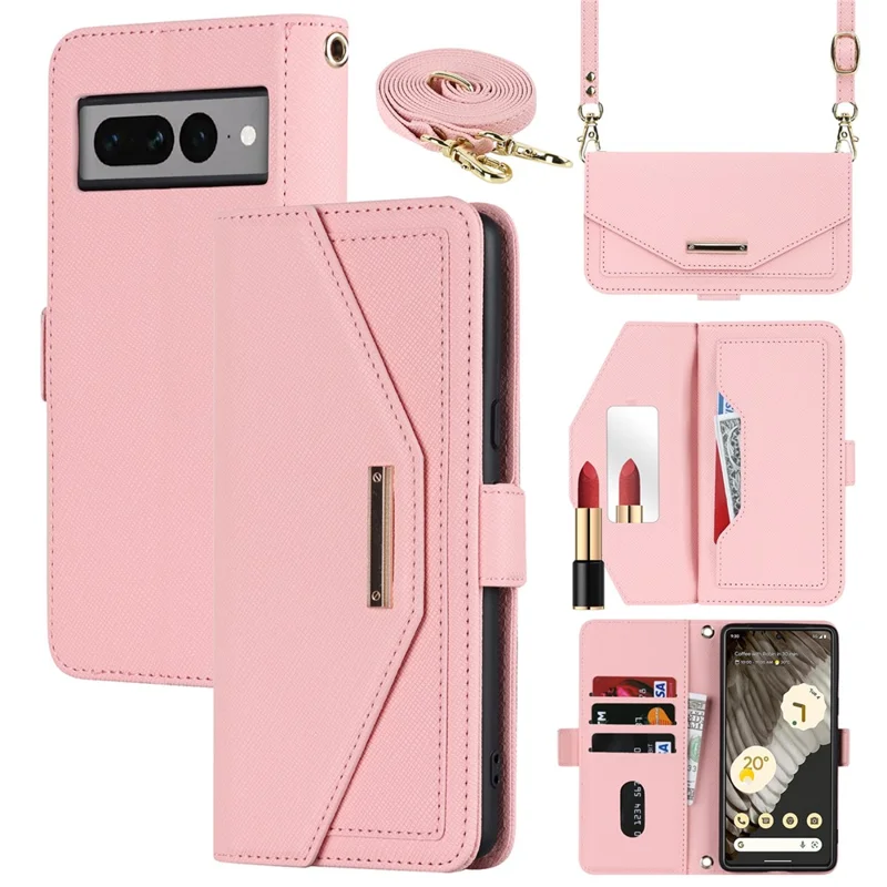 For Google Pixel 7 Pro 5G Stand Case Cross Texture PU Leather Wallet Phone Cover with Shoulder Strap  /  Makeup Mirror - Pink