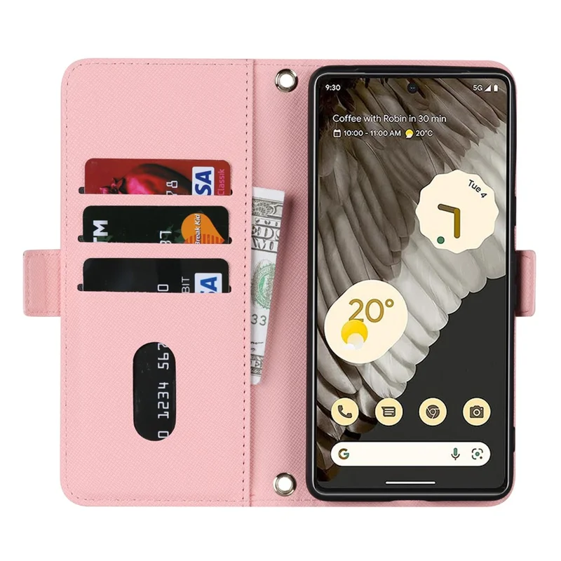For Google Pixel 7 Pro 5G Stand Case Cross Texture PU Leather Wallet Phone Cover with Shoulder Strap  /  Makeup Mirror - Pink