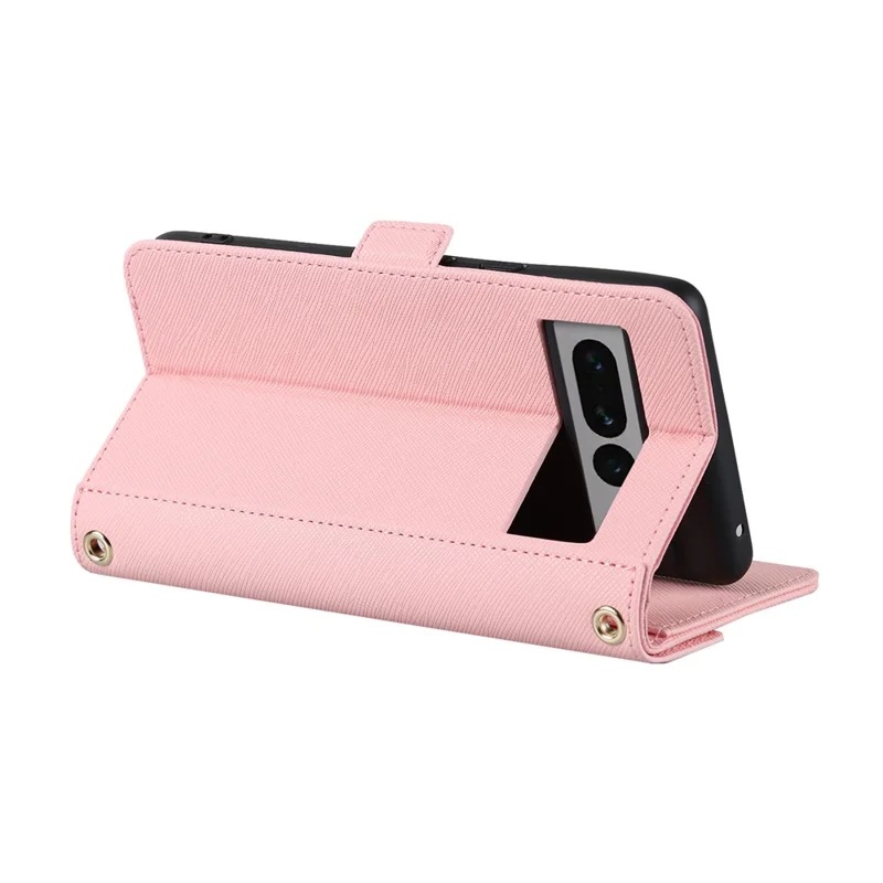For Google Pixel 7 Pro 5G Stand Case Cross Texture PU Leather Wallet Phone Cover with Shoulder Strap  /  Makeup Mirror - Pink