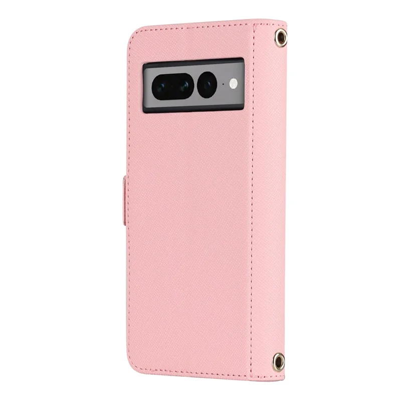 For Google Pixel 7 Pro 5G Stand Case Cross Texture PU Leather Wallet Phone Cover with Shoulder Strap  /  Makeup Mirror - Pink