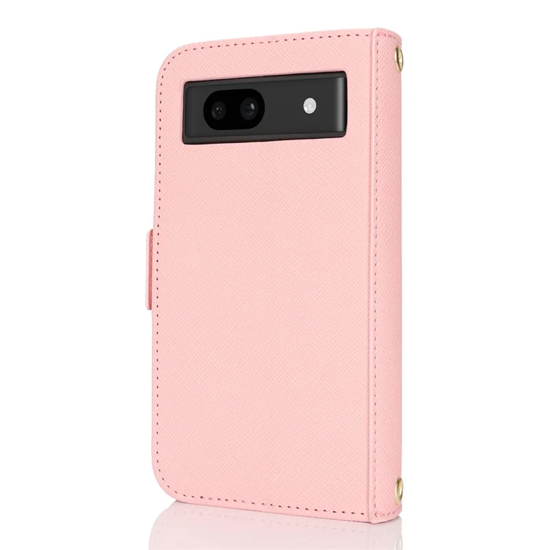 For Google Pixel 7a Stand Case Cross Texture PU Leather Wallet Phone Cover with Shoulder Strap  /  Makeup Mirror - Pink