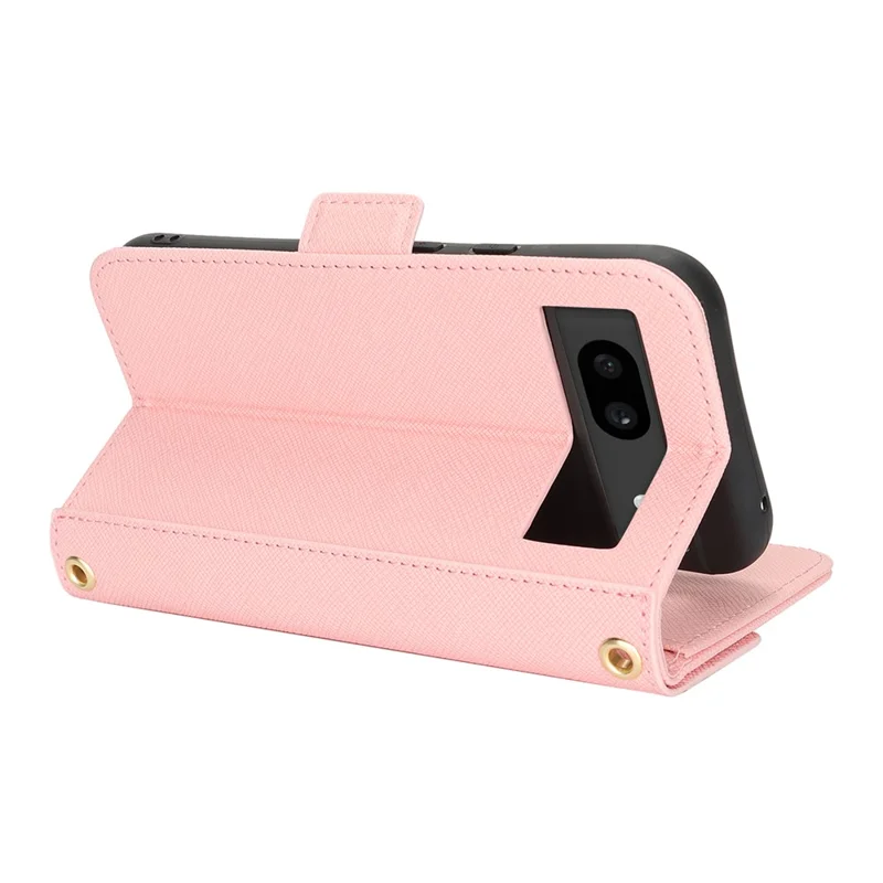 For Google Pixel 7a Stand Case Cross Texture PU Leather Wallet Phone Cover with Shoulder Strap  /  Makeup Mirror - Pink