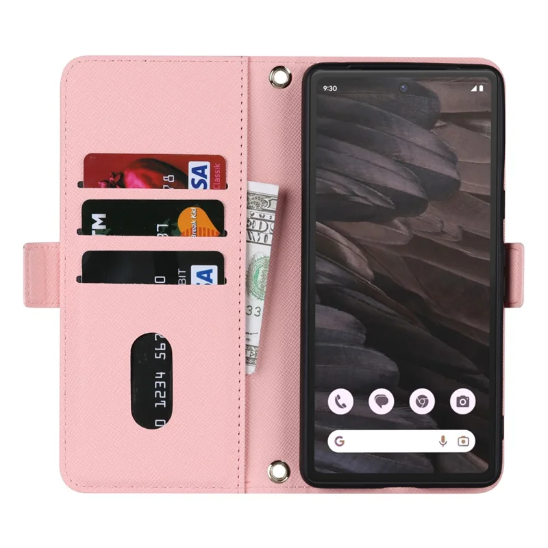 For Google Pixel 7a Stand Case Cross Texture PU Leather Wallet Phone Cover with Shoulder Strap  /  Makeup Mirror - Pink