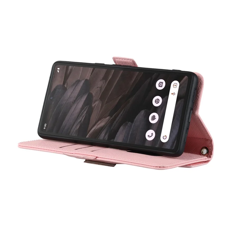 For Google Pixel 7a Stand Case Cross Texture PU Leather Wallet Phone Cover with Shoulder Strap  /  Makeup Mirror - Pink