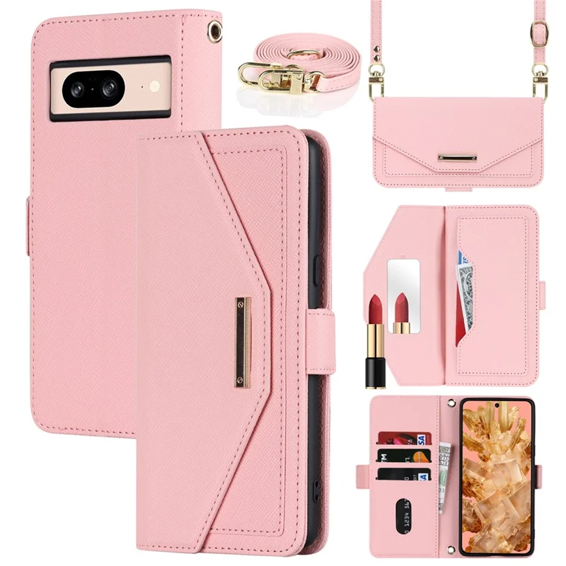 For Google Pixel 8 Stand Case Cross Texture PU Leather Wallet Phone Cover with Shoulder Strap  /  Makeup Mirror - Pink