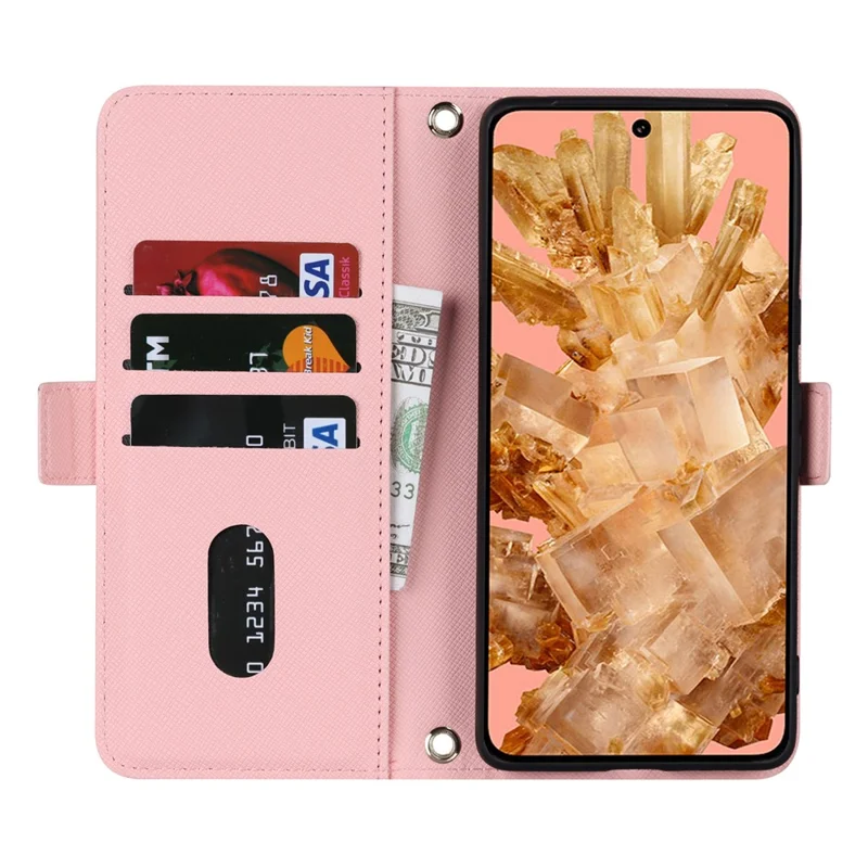 For Google Pixel 8 Stand Case Cross Texture PU Leather Wallet Phone Cover with Shoulder Strap  /  Makeup Mirror - Pink
