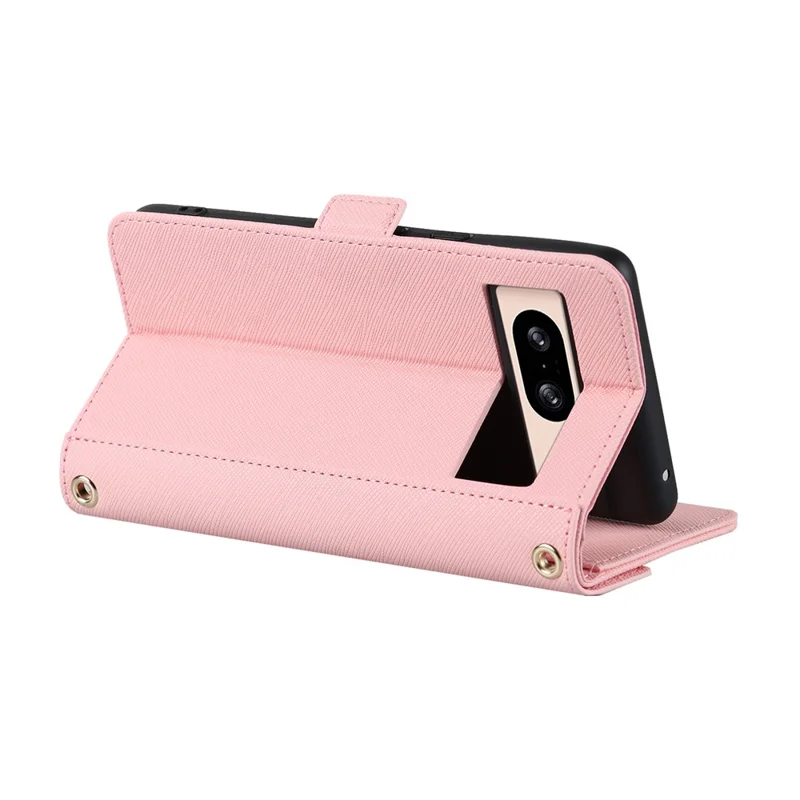 For Google Pixel 8 Stand Case Cross Texture PU Leather Wallet Phone Cover with Shoulder Strap  /  Makeup Mirror - Pink