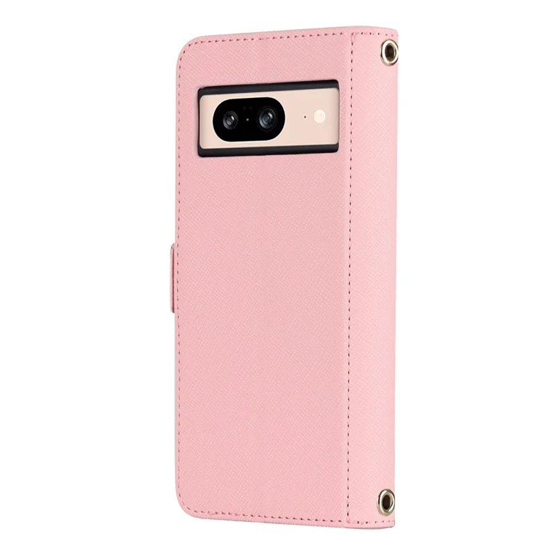 For Google Pixel 8 Stand Case Cross Texture PU Leather Wallet Phone Cover with Shoulder Strap  /  Makeup Mirror - Pink