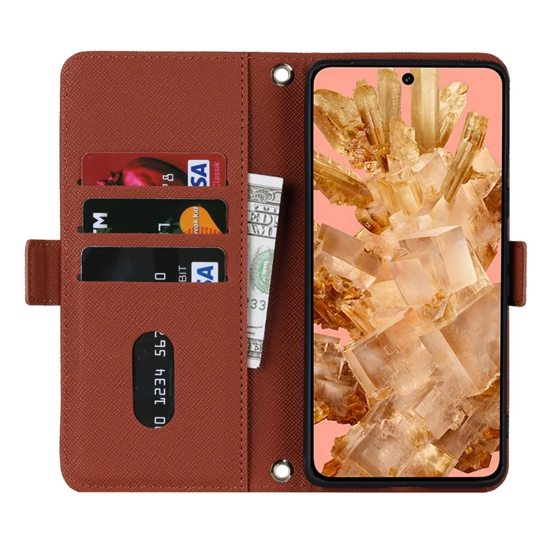 For Google Pixel 8 Stand Case Cross Texture PU Leather Wallet Phone Cover with Shoulder Strap  /  Makeup Mirror - Brown