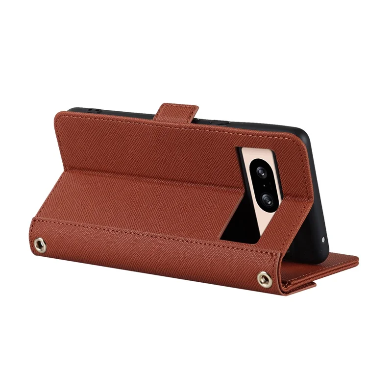 For Google Pixel 8 Stand Case Cross Texture PU Leather Wallet Phone Cover with Shoulder Strap  /  Makeup Mirror - Brown