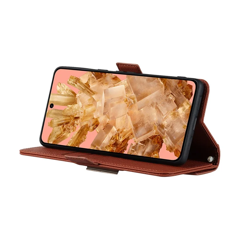 For Google Pixel 8 Stand Case Cross Texture PU Leather Wallet Phone Cover with Shoulder Strap  /  Makeup Mirror - Brown