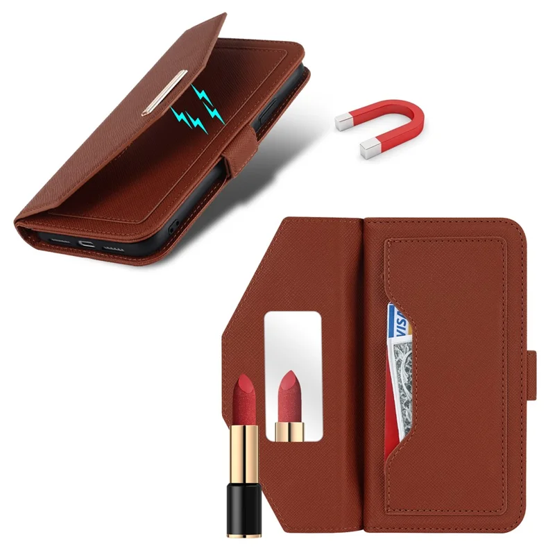 For Google Pixel 8 Stand Case Cross Texture PU Leather Wallet Phone Cover with Shoulder Strap  /  Makeup Mirror - Brown