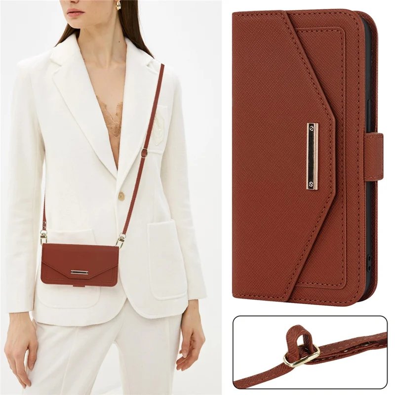For Google Pixel 8 Stand Case Cross Texture PU Leather Wallet Phone Cover with Shoulder Strap  /  Makeup Mirror - Brown
