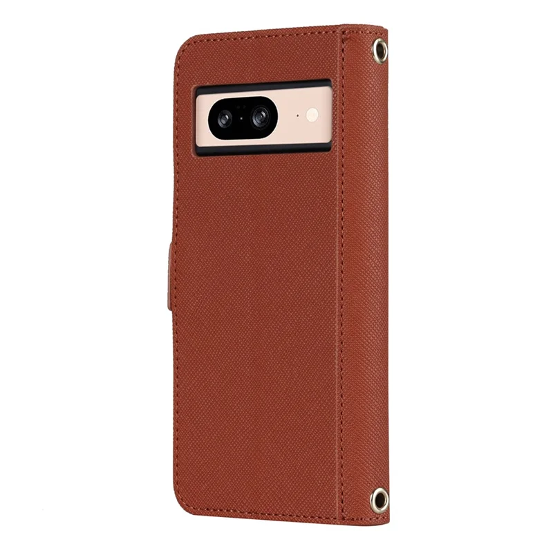 For Google Pixel 8 Stand Case Cross Texture PU Leather Wallet Phone Cover with Shoulder Strap  /  Makeup Mirror - Brown
