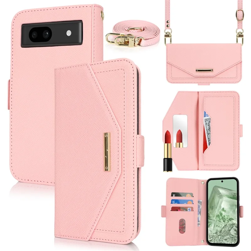 For Google Pixel 8a Stand Case Cross Texture PU Leather Wallet Phone Cover with Shoulder Strap  /  Makeup Mirror - Pink