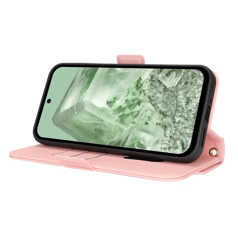 For Google Pixel 8a Stand Case Cross Texture PU Leather Wallet Phone Cover with Shoulder Strap  /  Makeup Mirror - Pink