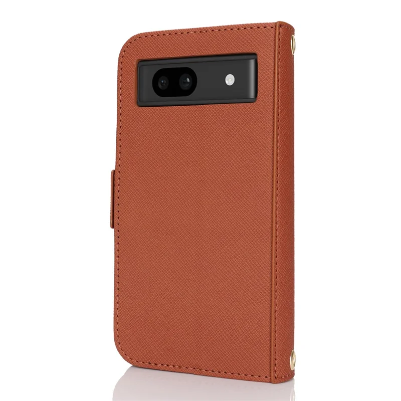 For Google Pixel 8a Stand Case Cross Texture PU Leather Wallet Phone Cover with Shoulder Strap  /  Makeup Mirror - Brown