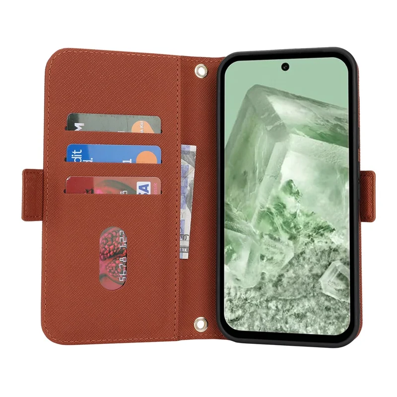 For Google Pixel 8a Stand Case Cross Texture PU Leather Wallet Phone Cover with Shoulder Strap  /  Makeup Mirror - Brown