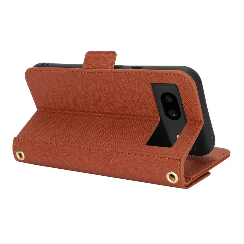 For Google Pixel 8a Stand Case Cross Texture PU Leather Wallet Phone Cover with Shoulder Strap  /  Makeup Mirror - Brown