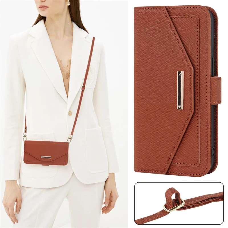 For Google Pixel 8a Stand Case Cross Texture PU Leather Wallet Phone Cover with Shoulder Strap  /  Makeup Mirror - Brown