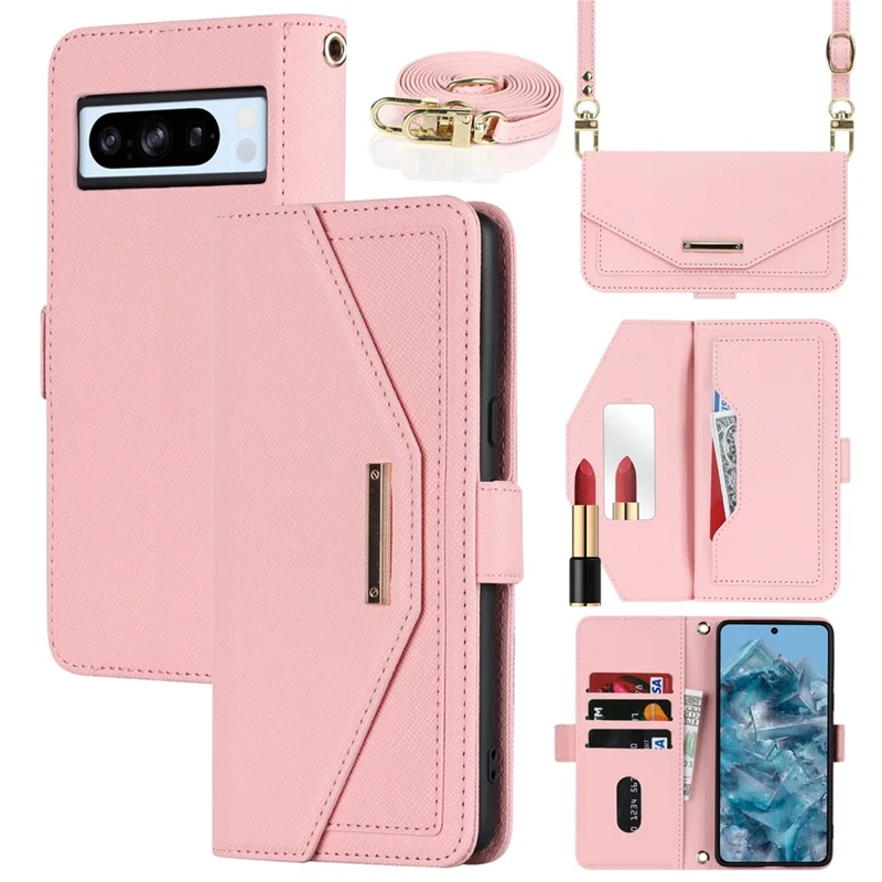 Per Google Pixel 8 Pro Stand Case Cover Wallet in Pelle Texture Incrociata con Tracolla / Specchio per il Trucco - Rosa