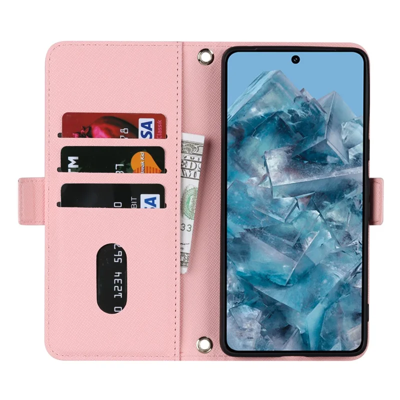 Per Google Pixel 8 Pro Stand Case Cover Wallet in Pelle Texture Incrociata con Tracolla / Specchio per il Trucco - Rosa