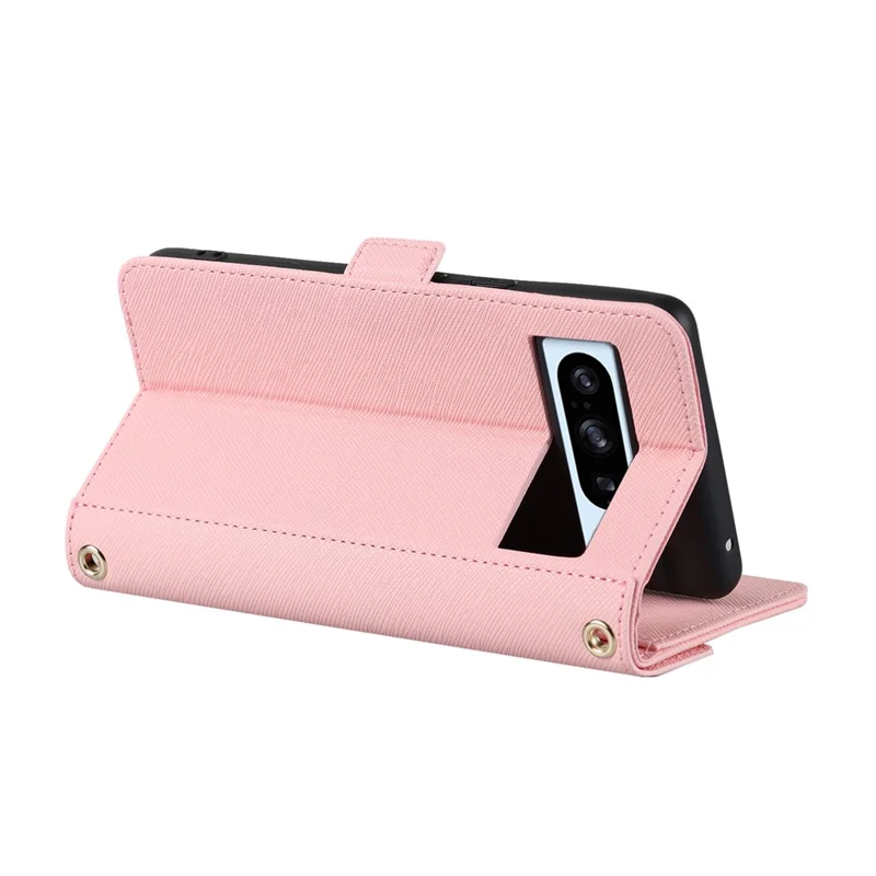 Per Google Pixel 8 Pro Stand Case Cover Wallet in Pelle Texture Incrociata con Tracolla / Specchio per il Trucco - Rosa