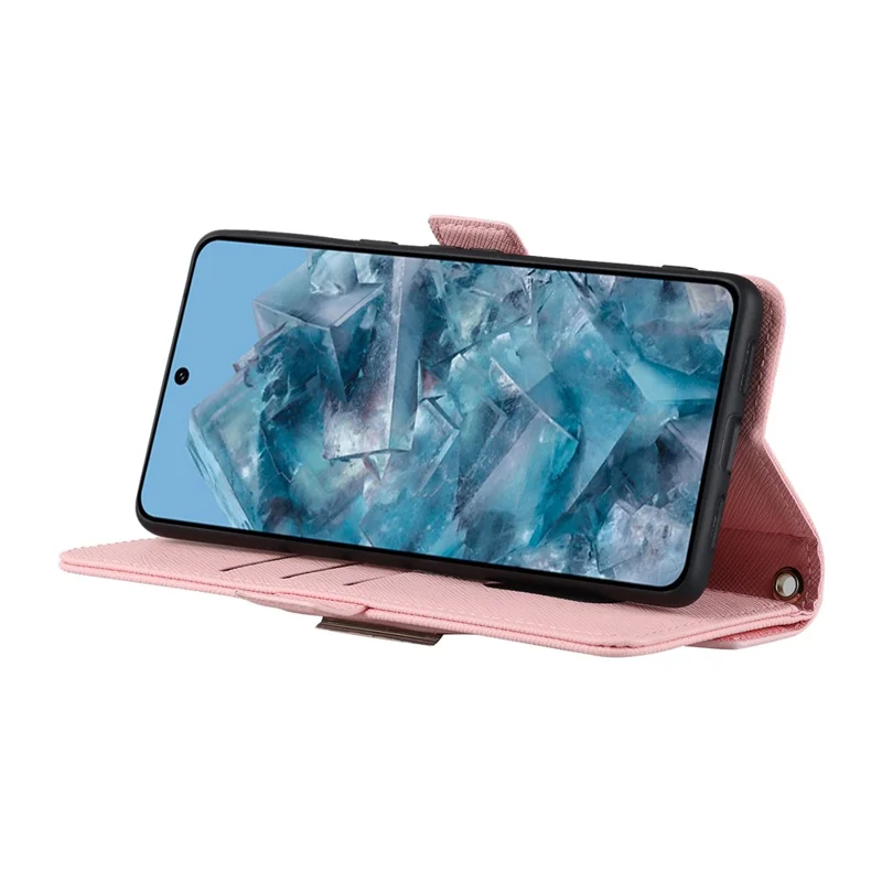 Per Google Pixel 8 Pro Stand Case Cover Wallet in Pelle Texture Incrociata con Tracolla / Specchio per il Trucco - Rosa
