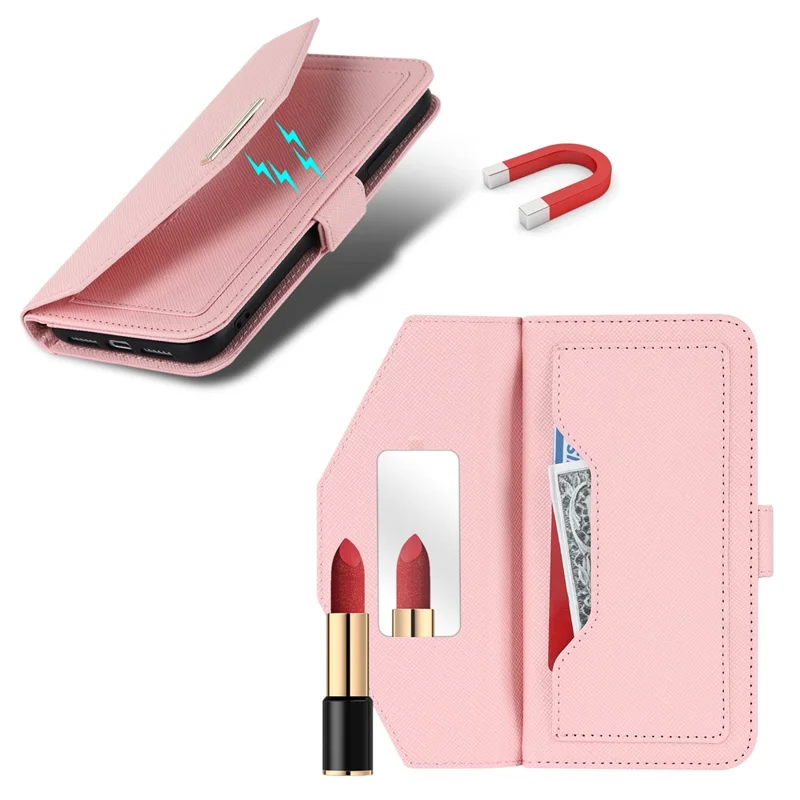 Per Google Pixel 8 Pro Stand Case Cover Wallet in Pelle Texture Incrociata con Tracolla / Specchio per il Trucco - Rosa