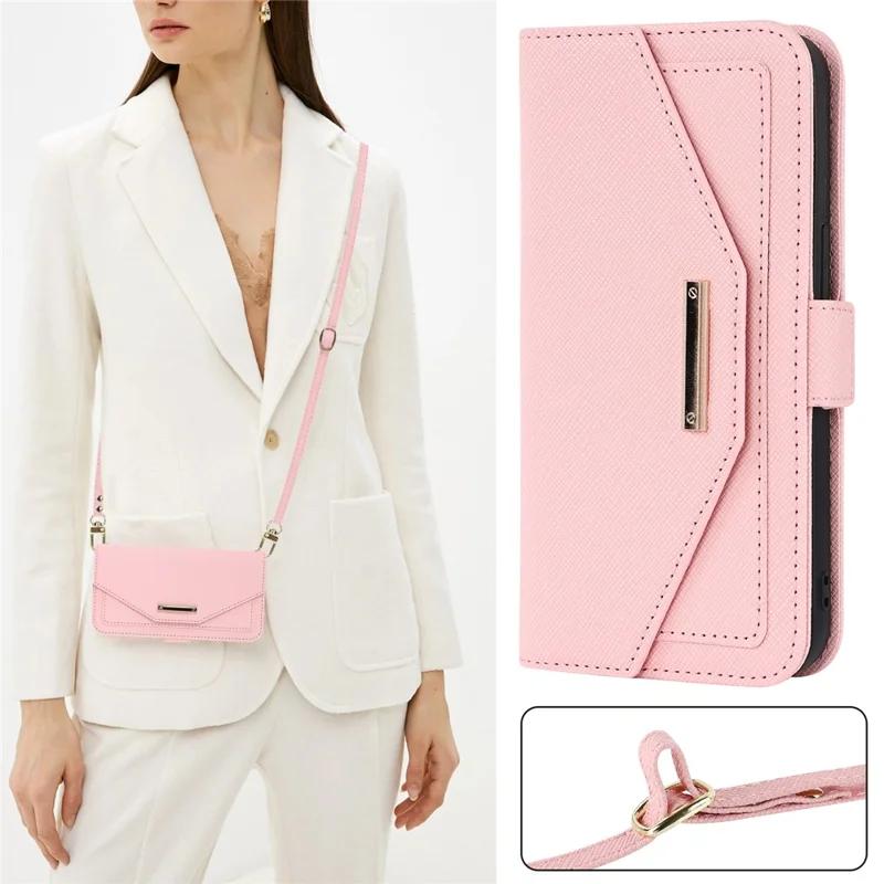 Per Google Pixel 8 Pro Stand Case Cover Wallet in Pelle Texture Incrociata con Tracolla / Specchio per il Trucco - Rosa