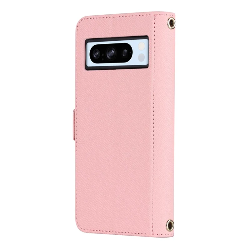 Per Google Pixel 8 Pro Stand Case Cover Wallet in Pelle Texture Incrociata con Tracolla / Specchio per il Trucco - Rosa